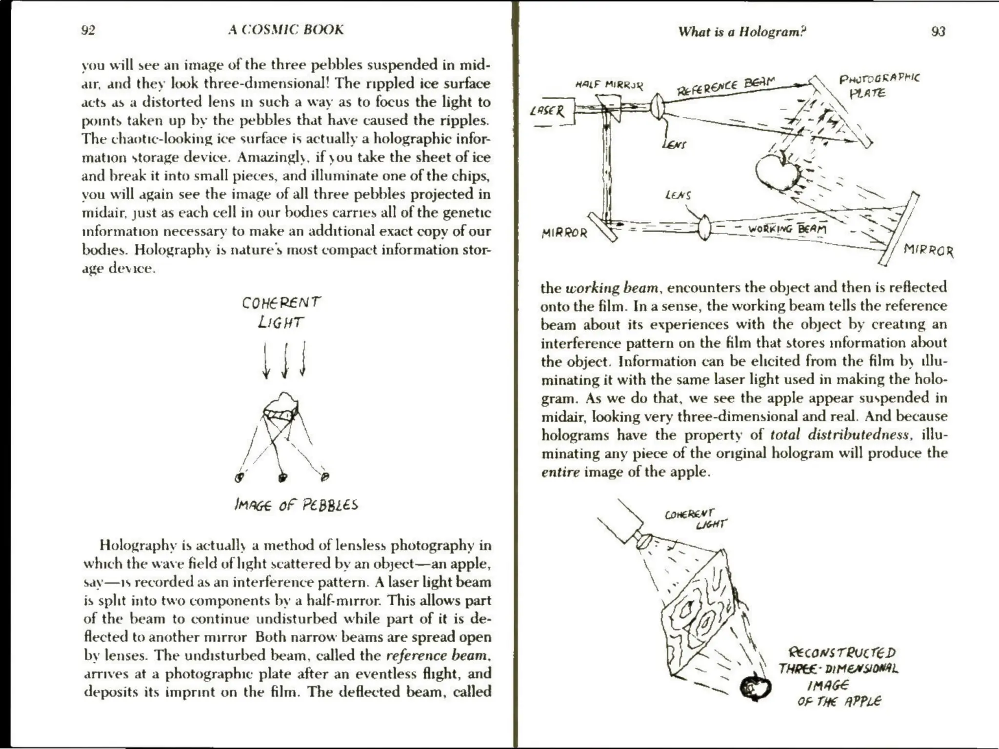 92 A COSMIC BOOK
you will see an image of the three pebbles suspended in mid-
air, and they look three-dimensional! The mppled ice surface
acts as a distorted lens in such a way as to focus the light to
points taken up by the pebbles that have caused the ripples.
The chaotic-looking ice surface is actually a holographic infor-
mation storage device. Amazingly, if you take the sheet of ice
and break it into small pieces, and illuminate one of the chips,
you will again see the image of all three pebbles projected in
midair, just as each cell in our bodies carries all of the genetic
information necessary to make an additional exact copy of our
bodies. Holography is nature's most compact information stor
age device.
COHERENT
LIGHT
ne
IMAGE of PEBBLES
Holography is actually a method of lensless photography in
which the wave field of hght scattered by an object—an apple,
say—is recorded as an interference pattern. A laser light beam
is split into two components by a half-mirror. This allows part
of the beam to continue undisturbed while part of it is de-
flected to another mirror Both narrow beams are spread open
by lenses. The undisturbed beam, called the reference beam,
arrives at a photographic plate after an eventless flight, and
deposits its imprint on the film. The deflected beam, called
What is a Hologram? 93
A PHOTOGRAPHIC
PLATE
Fe
the working beam, encounters the object and then is reflected
onto the film. In a sense, the working beam tells the reference
beam about its experiences with the object by creating an
interference pattern on the film that stores information about
the object. Information can be elicited from the film by illu-
minating it with the same laser light used in making the holo-
gram. As we do that, we see the apple appear suspended in
midair, looking very three-dimensional and real. And because
holograms have the property of total distributedness, illu-
minating any piece of the original hologram will produce the
entire image of the apple.
RECOWS TRUCTED
THREE- DIMEASION42,
IMAGE
OF THE APPLE
 