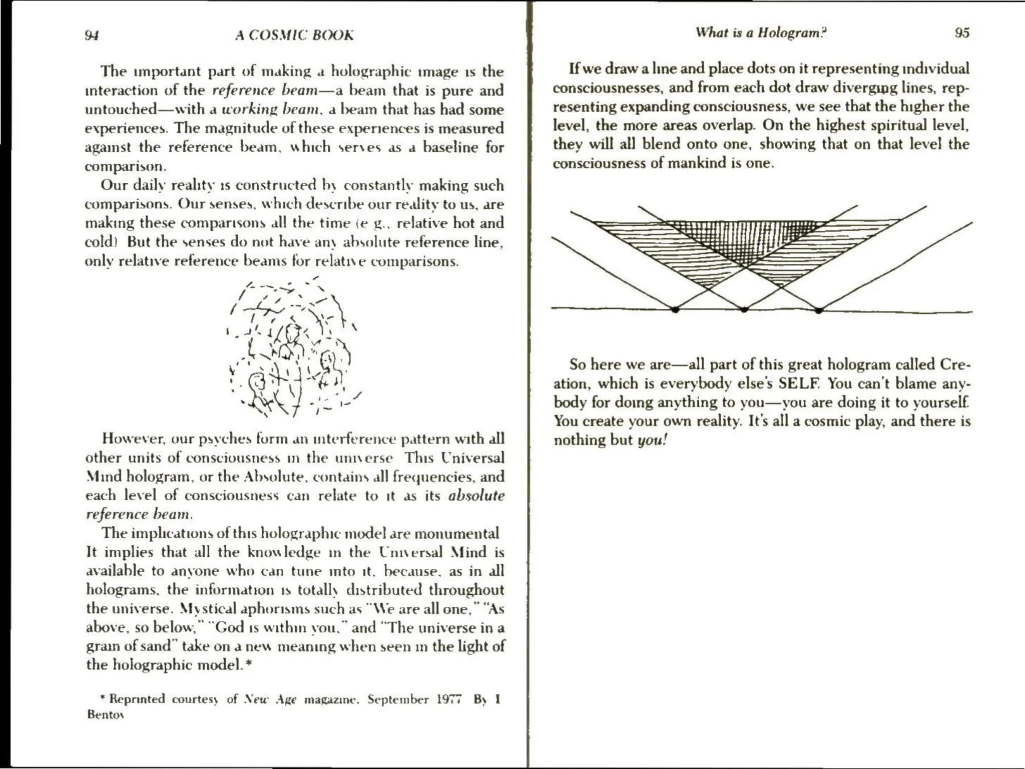 o4 A COSMIC BOOK
The important part of making a holographic image 1s the
interaction of the reference beam—a beam that is pure and
untouched—with a working beam. a beam that has had some
experiences. The magnitude of these experiences is measured
agamst the reference beam, which serves as a baseline for
comparison.
Our daily reality 1s constructed by constantly making such
comparisons. Our senses, which describe our reality to us, are
making these comparisons all the time (e g.. relative hot and
cold) But the senses do not have any absolute reference line,
only relative reference beams for relative comparisons.
PEE - ~
f Yag “
[Qo
However, our psyches form an interference pattern with all
other units of consciousness in the universe This Universal
Mind hologram, or the Absolute. contains all frequencies, and
each level of consciousness can relate to it as its absolute
reference beam.
The implications of this holographic model are monumental
It implies that all the knowledge in the Universal Mind is
available to anyone who can tune into it. because. as in all
holograms, the information ts totally distributed throughout
the universe. Mystical aphorisms such as “We are all one,” “As
above, so below,” “God 1s within vou.” and “The universe in a
grain of sand” take on anew meaning when seen in the light of
the holographic model.*
* Reprinted courtesy of New Age magazine. September 1977 By I
Bentos
What is a Hologram? 95
If we draw a line and place dots on it representing individual
consciousnesses, and from each dot draw diverging lines, rep-
resenting expanding consciousness, we see that the higher the
level, the more areas overlap. On the highest spiritual level,
they will all blend onto one, showing that on that level the
consciousness of mankind is one.
So here we are—all part of this great hologram called Cre-
ation, which is everybody else’s SELF. You can’t blame any-
body for doing anything to you—you are doing it to yourself
You create your own reality. It’s all a cosmic play, and there is
nothing but you!
 