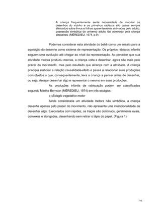A criança frequentemente sente necessidade de macular os
desenhos do vizinho e os primeiros rabiscos são quase sempre
efetuados sobre livros e folhas aparentemente estimados pelo adulto,
possessão simbólica do universo adulto tão admirado pela criança
pequenas. (MÈREDIEU, 1974, p.9)
Podemos considerar esta atividade do bebê como um ensaio para a
aquisição do desenho como sistema de representação. Os próprios rabiscos infantis
seguem uma evolução até chegar ao nível da representação. Ao perceber que sua
atividade motora produziu marcas, a criança volta a desenhar, agora não mais pelo
prazer do movimento, mas pelo resultado que alcança com a atividade. A criança
principia elaborar a relação causalidade-efeito e passa a relacionar suas produções
com objetos o que, consequentemente, leva a criança a pensar antes de desenhar,
ou seja, desejar desenhar algo e representar o mesmo em suas produções.
As produções infantis de rabiscação podem ser classificadas
segundo Marthe Bernson (MÈREDIEU, 1974) em três estágios:
a) Estagio vegetativo motor
Ainda considerada um atividade motora não simbólica, a criança
desenha apenas pelo prazer do movimento, não apresenta uma intencionalidade de
desenhar algo. Executados com rapidez, os traços são contínuos, geralmente ovais,
convexos e alongados, desenhando sem retirar o lápis do papel. (Figura 1)
715
 