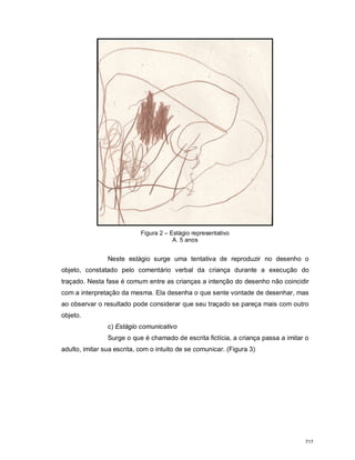 Figura 2 – Estágio representativo
A. 5 anos
Neste estágio surge uma tentativa de reproduzir no desenho o
objeto, constatado pelo comentário verbal da criança durante a execução do
traçado. Nesta fase é comum entre as crianças a intenção do desenho não coincidir
com a interpretação da mesma. Ela desenha o que sente vontade de desenhar, mas
ao observar o resultado pode considerar que seu traçado se pareça mais com outro
objeto.
c) Estágio comunicativo
Surge o que é chamado de escrita fictícia, a criança passa a imitar o
adulto, imitar sua escrita, com o intuito de se comunicar. (Figura 3)
717
 