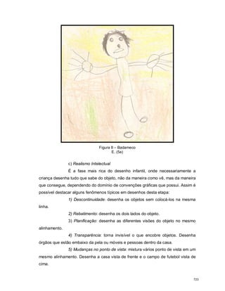 Figura 8 – Badameco
E. (5a)
c) Realismo Intelectual
É a fase mais rica do desenho infantil, onde necessariamente a
criança desenha tudo que sabe do objeto, não da maneira como vê, mas da maneira
que consegue, dependendo do domínio de convenções gráficas que possui. Assim é
possível destacar alguns fenômenos típicos em desenhos desta etapa:
1) Descontinuidade: desenha os objetos sem colocá-los na mesma
linha.
2) Rebatimento: desenha os dois lados do objeto.
3) Planificação: desenha as diferentes visões do objeto no mesmo
alinhamento.
4) Transparência: torna invisível o que encobre objetos. Desenha
órgãos que estão embaixo da pela ou móveis e pessoas dentro da casa.
5) Mudanças no ponto de vista: mistura vários ponto de vista em um
mesmo alinhamento. Desenha a casa vista de frente e o campo de futebol vista de
cima.
723
 