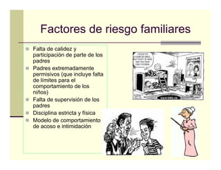 Factores de riesgo familiares
Falta de calidez y
participación de parte d los
    i i   ió d           de l
padres
Padres extremadamente
permisivos (que incluye falta
de límites para el
comportamiento de los
niños)
Falta de supervisión de los
padres
Disciplina estricta y física
Modelo de comportamiento
de acoso e intimidación
 