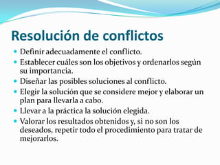 Resolución de conflictosDefinir adecuadamente el conflicto.Establecer cuáles son los objetivos y ordenarlos según su importancia.Diseñar las posibles soluciones al conflicto.Elegir la solución que se considere mejor y elaborar un plan para llevarla a cabo.Llevar a la práctica la solución elegida.Valorar los resultados obtenidos y, si no son los deseados, repetir todo el procedimiento para tratar de mejorarlos.