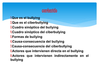 contenido 
1.Que es el bullying 
2.Que es el ciberbullying 
3.Cuadro sinóptico del bullying 
4.Cuadro sinóptico del ciberbulying 
5.Formas de bullying 
6.Causa-consecuencia del bullying 
7.Causa-consecuencia del ciberbullying 
8.Actores que intervienen directa en el bullying 
9.Actores que intervienen indirectamente en el 
bullying 
 