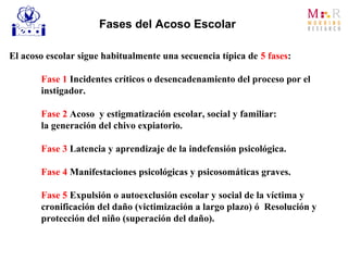 El acoso escolar sigue habitualmente una secuencia típica de 5 fases:
Fase 1 Incidentes críticos o desencadenamiento del proceso por el
instigador.
Fase 2 Acoso y estigmatización escolar, social y familiar:
la generación del chivo expiatorio.
Fase 3 Latencia y aprendizaje de la indefensión psicológica.
Fase 4 Manifestaciones psicológicas y psicosomáticas graves.
Fase 5 Expulsión o autoexclusión escolar y social de la víctima y
cronificación del daño (victimización a largo plazo) ó Resolución y
protección del niño (superación del daño).
Fases del Acoso Escolar
 