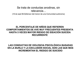 EL PORCENTAJE DE NIÑOS QUE REFIEREN
COMPORTAMIENTOS DE AVE MUY FRECUENTES PRESENTA
HASTA 5 VECES MAYOR RIESGO DE IDEACIÓN SUICIDA
RECURRENTE
Se trata de conductas anodinas, sin
relevancia…
(18 de sept 06:Defensor del menor de una Comunidad autónoma)
LAS CONDUCTAS DE VIOLENCIA PSICOLÓGICA BASADAS
EN LA BURLA Y LA EXCLUSIÓN SOCIAL SON LAS QUE MÁS
INCREMENTAN EL RIESGO DE SUICIDIO
 