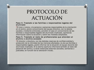 PROTOCOLO DE
ACTUACIÓN
Paso 4. Traslado a las familias o responsables legales del
alumnado
OEl tutor o tutora, o la persona o personas responsables de la orientación
en el centro, previo conocimiento del equipo directivo, con la debida
cautela y mediante entrevista, pondrán el caso en conocimiento de las
familias o responsables legales del alumnado implicado, aportando
información sobre la situación y sobre las medidas adoptadas.
Paso 5. Traslado al resto de profesionales que atienden al
alumno o alumna acosado
OEl director o directora, con las debidas reservas de confidencialidad y
protección de la intimidad de los menores afectados y la de sus familias o
responsables legales, podrá informar de la situación al equipo docente del
alumnado implicado. Si lo estima oportuno informará también al resto del
personal del centro y a otras instancias externas (sociales, sanitarias o
judiciales, en función de la valoración inicial).
 