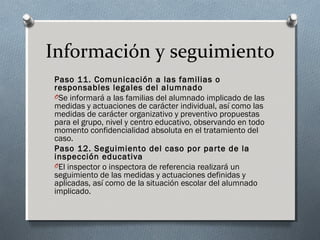 Información y seguimiento
Paso 11. Comunicación a las familias o
responsables legales del alumnado
OSe informará a las familias del alumnado implicado de las
medidas y actuaciones de carácter individual, así como las
medidas de carácter organizativo y preventivo propuestas
para el grupo, nivel y centro educativo, observando en todo
momento confidencialidad absoluta en el tratamiento del
caso.
Paso 12. Seguimiento del caso por parte de la
inspección educativa
OEl inspector o inspectora de referencia realizará un
seguimiento de las medidas y actuaciones definidas y
aplicadas, así como de la situación escolar del alumnado
implicado.
 