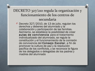 DECRETO 327/210 regula la organización y
funcionamiento de los centros de
secundaria
O Decreto 327/2010, de 13 de julio, regulan los
derechos y deberes del alumnado y la
colaboración y participación de las familias.
Asimismo, se establece la posibilidad de crear
aulas de convivencia para el tratamiento
individualizado del alumnado, se regula la
constitución y el funcionamiento de la comisión
de convivencia del Consejo Escolar, a fin de
promover la cultura de paz y la resolución
pacífica de los conflictos, y se reconoce la figura
de los delegados o delegadas de los padres y
madres del alumnado
 