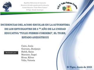 INCIDENCIAS DEL ACOSO ESCOLAR EN LA AUTOESTIMA
DE LOS ESTUDIANTES DE 5 TO AÑO DE LA UNIDAD
EDUCATIVA “TULIO FEBRES CORDERO”, EL TIGRE,
ESTADO ANZOÁTEGUI
República Bolivariana de Venezuela
Ministerio del poder popular para la educación
Unidad Educativa “Tulio Febres Cordero”
El Tigre, Estado Anzoátegui
Realizado por:
Cairo, Jesús
Guevara, Jhorjanys
Habib, Kaiss
Marcano, Ángel
Rivas, Kilver
Véliz, Victoria
El Tigre, Junio de 2023
 