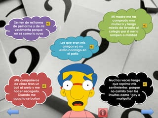 Mi madre me ha
comprado una
muñeca y tengo
miedo de llevarla al
colegio por si me la
rompen a maldad

Se ríen de mi forma
de peinarme y de mi
vestimenta porque
no es como la suya
Los que eran mis
amigos ya no
están conmigo en
el patio

Mis compañeros
de clase tiran un
boli al suelo y me
hacen recogerlo.
Cuando me
agacho se burlan

Muchas veces tengo
que reprimir mis
sentimientos porque
no asimilo bien los
insultos como “gay o
mariquita”

 