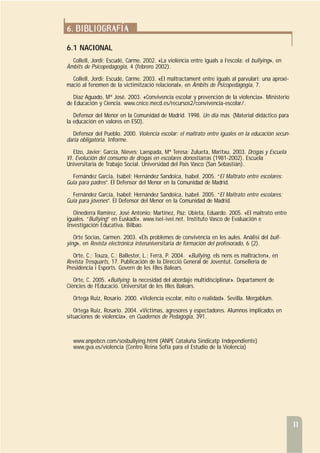 11
6. BIBLIOGRAFÍA
6.1 NACIONAL
Collell, Jordi; Escudé, Carme. 2002. «La violència entre iguals a l’escola: el bullying», en
Àmbits de Psicopedagogia, 4 (febrero 2002).
Collell, Jordi; Escudé, Carme. 2003. «El maltractament entre iguals al parvulari: una aproxi-
mació al fenomen de la victimització relacional», en Àmbits de Psicopedagogia, 7.
Díaz Aguado, Mª José. 2003. «Convivencia escolar y prevención de la violencia». Ministerio
de Educación y Ciencia. www.cnice.mecd.es/recursos2/convivencia-escolar/.
Defensor del Menor en la Comunidad de Madrid. 1998. Un día más. (Material didáctico para
la educación en valores en ESO).
Defensor del Pueblo. 2000. Violencia escolar: el maltrato entre iguales en la educación secun-
daria obligatoria. Informe.
Elzo, Javier; García, Nieves; Laespada, Mª Teresa; Zulueta, Maritxu. 2003. Drogas y Escuela
VI. Evolución del consumo de drogas en escolares donostiarras (1981-2002). Escuela
Universitaria de Trabajo Social. Universidad del País Vasco (San Sebastián).
Fernández García, Isabel; Hernández Sandoica, Isabel. 2005. “El Maltrato entre escolares:
Guía para padres”. El Defensor del Menor en la Comunidad de Madrid.
Fernández García, Isabel; Hernández Sandoica, Isabel. 2005. “El Maltrato entre escolares:
Guía para jóvenes”. El Defensor del Menor en la Comunidad de Madrid.
Oinederra Ramírez, José Antonio; Martínez, Paz; Ubieta, Eduardo. 2005. «El maltrato entre
iguales. “Bullying” en Euskadi». www.isei-ivei.net. Instituto Vasco de Evaluación e
Investigación Educativa. Bilbao.
Orte Socías, Carmen. 2003. «Els problemes de convivència en les aules. Anàlisi del bull-
ying», en Revista electrónica interuniversitaria de formación del profesorado, 6 (2).
Orte, C.; Touza, C.; Ballester, L.; Ferrà, P. 2004. «Bullying, els nens es maltracten», en
Revista Tresquarts, 17. Publicación de la Direcció General de Joventut. Conselleria de
Presidència i Esports. Govern de les Illes Balears.
Orte, C. 2005. «Bullying: la necesidad del abordaje multidisciplinar». Departament de
Ciències de l’Educació. Universitat de les Illes Balears.
Ortega Ruiz, Rosario. 2000. «Violencia escolar, mito o realidad». Sevilla. Mergablum.
Ortega Ruiz, Rosario. 2004. «Víctimas, agresores y espectadores. Alumnos implicados en
situaciones de violencia», en Cuadernos de Pedagogía, 391.
www.anpebcn.com/sosbullying.html (ANPE Cataluña Sindicatp Independiente)
www.gva.es/violencia (Centro Reina Sofía para el Estudio de la Violencia)
 