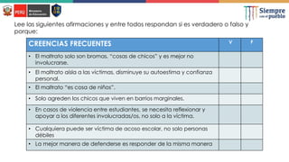 CREENCIAS FRECUENTES V F
• El maltrato solo son bromas, “cosas de chicos” y es mejor no
involucrarse.
• El maltrato aísla a las víctimas, disminuye su autoestima y confianza
personal.
• El maltrato “es cosa de niños”.
• Solo agreden los chicos que viven en barrios marginales.
• En casos de violencia entre estudiantes, se necesita reflexionar y
apoyar a los diferentes involucradas/os, no solo a la víctima.
• Cualquiera puede ser víctima de acoso escolar, no solo personas
débiles
• La mejor manera de defenderse es responder de la misma manera
Lee las siguientes afirmaciones y entre todos respondan si es verdadero o falso y
porque:
 