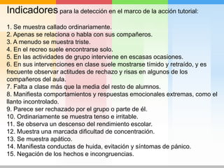 Indicadores para la detección en el marco de la acción tutorial:
1. Se muestra callado ordinariamente.
2. Apenas se relaciona o habla con sus compañeros.
3. A menudo se muestra triste.
4. En el recreo suele encontrarse solo.
5. En las actividades de grupo interviene en escasas ocasiones.
6. En sus intervenciones en clase suele mostrarse tímido y retraído, y es
frecuente observar actitudes de rechazo y risas en algunos de los
compañeros del aula.
7. Falta a clase más que la media del resto de alumnos.
8. Manifiesta comportamientos y respuestas emocionales extremas, como el
llanto incontrolado.
9. Parece ser rechazado por el grupo o parte de él.
10. Ordinariamente se muestra tenso e irritable.
11. Se observa un descenso del rendimiento escolar.
12. Muestra una marcada dificultad de concentración.
13. Se muestra apático.
14. Manifiesta conductas de huida, evitación y síntomas de pánico.
15. Negación de los hechos e incongruencias.
 
