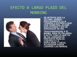 EFECTO A LARGO PLAZO DEL
         MOBBING
            •   SE INTENTA QUE LA
                VÍCTIMA, DEBIDO
                PRECISAMENTE A LA
                TENSIÓN O ESTRÉS A QUE
                VIVE SOMETIDA, ACABE
                EXPLOTANDO Y EN UN
                ARRANQUE DE IRA.
            •   TRAICIONÁNDOSE A SÍ
                MISMA, BIEN DE PALABRA
                O ACTO, CON LO QUE YA
                SE HA LOGRADO EL
                PRETEXTO PARA EL
                CASTIGO O LA
                EXPULSIÓN, Y ASÍ EL
                ACOSADOR PUEDE
                LAVARSE LAS MANOS.
 