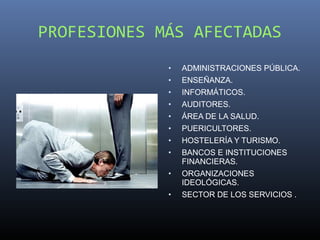 PROFESIONES MÁS AFECTADAS
             •   ADMINISTRACIONES PÚBLICA.
             •   ENSEÑANZA.
             •   INFORMÁTICOS.
             •   AUDITORES.
             •   ÁREA DE LA SALUD.
             •   PUERICULTORES.
             •   HOSTELERÍA Y TURISMO.
             •   BANCOS E INSTITUCIONES
                 FINANCIERAS.
             •   ORGANIZACIONES
                 IDEOLÓGICAS.
             •   SECTOR DE LOS SERVICIOS .
 