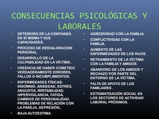 CONSECUENCIAS PSICOLÓGICAS Y
          LABORALES
•   DETERIORO DE LA CONFIANZA      •   AGRESIVIDAD CON LA FAMILIA.
    EN SÍ MISMA Y SUS              •   CONFLICTIVIDAD CON LA
    CAPACIDADES.                       FAMILIA.
•   PROCESO DE DESVALORACIÓN       •   AUMENTO DE LAS
    PERSONAL.                          ENFERMEDADES DE LOS HIJOS.
•   DESARROLLO DE LA               •   RETRAIMIENTO DE LA VÍCTIMA
    CULPABILIDAD EN LA VÍCTIMA .       CON LA FAMILIA Y AMIGOS.
•   CREENCIA DE HABER COMETIDO     •   ABANDONO DE LOS AMIGOS Y
    VERDADERAMENTE ERRORES,            RECHAZO POR PARTE DEL
    FALLOS O INCUMPLIMIENTOS.          ENTORNO DE LA VÍCTIMA.
•   ENFERMEDADES FÍSICAS:          •   FALTA DE APOYO DE LOS
    INSOMNIO, ANSIEDAD, ESTRÉS,        FAMILIARES .
    ANGUSTIA, IRRITABILIDAD,
    HIPERVIGILANCIA, FATIGA,       •   ESTIGMATIZACIÓN SOCIAL EN
    CAMBIOS DE PERSONALIDAD,           LOS SECTORES DE ACTIVIDAD
    PROBLEMAS DE RELACIÓN CON          LABORAL PRÓXIMOS.
    LA PAREJA, DEPRESIÓN,.
•   BAJA AUTOESTIMA.
 
