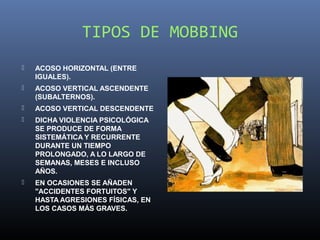 TIPOS DE MOBBING
   ACOSO HORIZONTAL (ENTRE
    IGUALES).
   ACOSO VERTICAL ASCENDENTE
    (SUBALTERNOS).
   ACOSO VERTICAL DESCENDENTE
   DICHA VIOLENCIA PSICOLÓGICA
    SE PRODUCE DE FORMA
    SISTEMÁTICA Y RECURRENTE
    DURANTE UN TIEMPO
    PROLONGADO, A LO LARGO DE
    SEMANAS, MESES E INCLUSO
    AÑOS.
   EN OCASIONES SE AÑADEN
    "ACCIDENTES FORTUITOS" Y
    HASTA AGRESIONES FÍSICAS, EN
    LOS CASOS MÁS GRAVES.
 