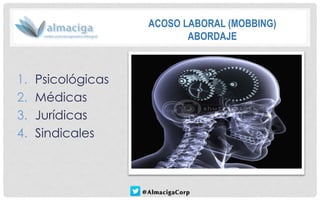 1.Psicológicas 
2.Médicas 
3.Jurídicas 
4.Sindicales 
ACOSO LABORAL (MOBBING) 
ABORDAJE  