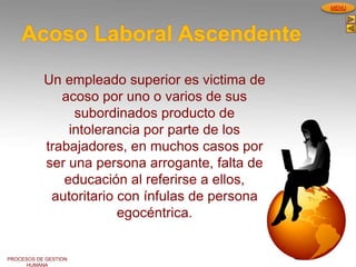 PROCESOS DE GESTION
HUMANA
MENU
Acoso Laboral Ascendente
Un empleado superior es victima de
acoso por uno o varios de sus
subordinados producto de
intolerancia por parte de los
trabajadores, en muchos casos por
ser una persona arrogante, falta de
educación al referirse a ellos,
autoritario con ínfulas de persona
egocéntrica.
 