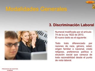 PROCESOS DE GESTION
HUMANA
MENU
Numeral modificado por el artículo
74 de la Ley 1622 de 2013.
El nuevo texto es el siguiente:
Todo trato diferenciado por
razones de raza, género, edad,
origen familiar o nacional, credo
religioso, preferencia política o
situación social que carezca de
toda razonabilidad desde el punto
de vista laboral.
Modalidades Generales
3. Discriminación Laboral
 