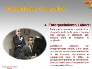 PROCESOS DE GESTION
HUMANA
MENU
Modalidades Generales
Toda acción tendiente a obstaculizar
el cumplimiento de la labor o hacerla
más gravosa o retardarla con
perjuicio para el trabajador o
empleado.
Constituyen acciones de
entorpecimiento laboral, entre otras,
la privación, ocultación o inutilización
de los insumos, documentos o
instrumentos para la labor, la
destrucción o pérdida de información,
el ocultamiento de correspondencia o
mensajes electrónicos.
4. Entorpecimiento Laboral
 