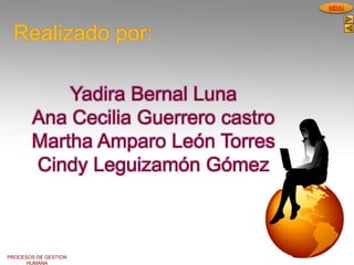 PROCESOS DE GESTION
HUMANA
MENU
Realizado por:
Yadira Bernal Luna
Ana Cecilia Guerrero castro
Martha Amparo León Torres
Cindy Leguizamón Gómez
 