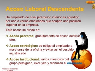PROCESOS DE GESTION
HUMANA
MENU
Acoso Laboral Descendente
Un empleado de nivel jerárquico inferior es agredido
por uno o varios empleados que ocupan una posición
superior en la empresa.
Este acoso se divide en:
 Acoso perverso: gratuitamente se desea destruir al
otro.
 Acoso estratégico: se obliga al empleado a
marcharse de la oficina y evitar así el despido
injustificado
 Acoso institucional: varios miembros del mismo
grupo persiguen, excluyen y rechazan al empleado.
 