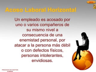 PROCESOS DE GESTION
HUMANA
MENU
Acoso Laboral Horizontal
Un empleado es acosado por
uno o varios compañeros de
su mismo nivel a
consecuencia de una
enemistad personal, por
atacar a la persona más débil
o con defectos físicos,
personas intolerantes,
envidiosas.
 