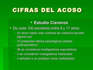 CIFRAS DEL ACOSO Estudio Cisneros De cada 100 escolares entre 8 y 17 años: 44 dicen haber sido victimas de violencia escolar alguna vez 12 presentan daños psicológicos (estrés postraumático) 36 se consideran hostigadores esporádicos 3 se consideran hostigadores habituales 4 señalan a un profesor como maltratador 