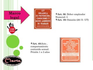 Integrantes:
Ruddy Monsalve
María Ávila
Maracay, Mayo, 2014
Marco
legal
Art. 56: Deber empleador
Numeral: 5
Art. 19: Omisión (26-75 UT)
Art. 48:Acto ,
comportamiento
contenido sexual.
Prisión 1 a 3 años
 