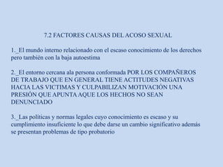 7.2 FACTORES CAUSAS DEL ACOSO SEXUAL
1._El mundo interno relacionado con el escaso conocimiento de los derechos
pero también con la baja autoestima
2._El entorno cercana ala persona conformada POR LOS COMPAÑEROS
DE TRABAJO QUE EN GENERAL TIENE ACTITUDES NEGATIVAS
HACIA LAS VICTIMAS Y CULPABILIZAN MOTIVACIÓN UNA
PRESIÓN QUE APUNTAAQUE LOS HECHOS NO SEAN
DENUNCIADO
3._Las políticas y normas legales cuyo conocimiento es escaso y su
cumplimiento insuficiente lo que debe darse un cambio significativo además
se presentan problemas de tipo probatorio
 