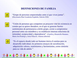 DEFINICIONES DE FAMILIA
“Grupo de personas emparentadas entre sí que viven juntas”.
(Diccionario Real Academia Española. Edición XXI)
“Unión de personas que comparten un proyecto vital de existencia en
común que se quiere duradero, en el que se generan fuertes
sentimientos de pertenencia a dicho grupo, existe u compromiso
personal entre sus miembros y se establecen intensas relaciones de
intimidad, reciprocidad y dependencia”. (Familia y Desarrollo Humano.
María José Rodrigo y Jesús Palacios. Alianza editorial)
“Es el espacio donde todo ser humano inicia el camino para su
desarrollo individual, los primeros ensayos de socialización,
adquisición valores, sentimientos y herramientas, como simiente
para su vida de adulto ”
 