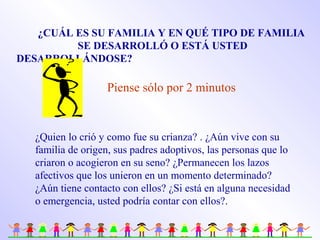 ¿CUÁL ES SU FAMILIA Y EN QUÉ TIPO DE FAMILIA
SE DESARROLLÓ O ESTÁ USTED
DESARROLLÁNDOSE?
Piense sólo por 2 minutos
¿Quien lo crió y como fue su crianza? . ¿Aún vive con su
familia de origen, sus padres adoptivos, las personas que lo
criaron o acogieron en su seno? ¿Permanecen los lazos
afectivos que los unieron en un momento determinado?
¿Aún tiene contacto con ellos? ¿Si está en alguna necesidad
o emergencia, usted podría contar con ellos?.
 