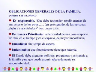 OBLIGACIONES GENERALES DE LA FAMILIA.
(Artículo 5 de la LOPNA).-
Es responsable. “Que debe responder, rendir cuentas de
sus actos o de los otros ...... (en este sentido, de las personas
dadas a sus cuidados)” Dicc. Larouse 2.000.
De manera Prioritaria: anterioridad de una cosa respecto
de otra, en el tiempo y en el espacio, de mayor importancia.
Inmediata: sin tiempo de espera.
Indeclinable: que forzosamente tiene que hacerse.
El Estado debe asegurar políticas, programas y asistencia a
la familia para que pueda asumir adecuadamente su
responsabilidad.
 