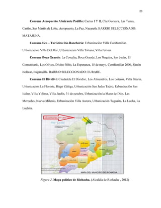 23 
Comuna Aeropuerto Almirante Padilla: Cactus I Y II, Che Guevara, Las Tunas, Caribe, San Martín de Loba, Aeropuerto, La Paz, Nazareth. BARRIO SELECCIONADO: MATAJUNA. Comuna Eco – Turística Río Ranchería: Urbanización Villa Comfamiliar, Urbanización Villa Del Mar, Urbanización Villa Tatiana, Villa Fátima. Comuna Boca Grande: La Cosecha, Boca Grande, Los Nogales, San Judas, El Comunitario, Los Olivos, Divino Niño, La Esperanza, 15 de mayo, Comfamiliar 2000, Simón Bolívar, Buganvilla. BARRIO SELECCIONADO: EURARE. Comuna El Dividivi: Ciudadela El Dividivi, Los Almendros, Los Loteros, Villa Sharin, Urbanización La Floresta, Hugo Zúñiga, Urbanización San Judas Tadeo, Urbanización San Isidro, Villa Yolima, Villa Jardín, 31 de octubre, Urbanización la Mano de Dios, Las Mercedes, Nuevo Milenio, Urbanización Villa Aurora, Urbanización Taguaira, La Lucha, La Luchita. 
Figura 2. Mapa político de Riohacha. (Alcaldía de Riohacha , 2012) 
 