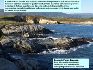 A orixe da Rasa rasa foi moi estudada por diversos especialistas que barallan distintas
hipóteses sobre as causas que puideron actuar máis ou menos combinadas: proceso
tectónico de fallas e levantamento da costa no final da Oroxenia Hercínica,
movementos epiroxénicos Alpinos, e elevación e descenso do nivel do mar con maior
ou menor acción erosiva.
Punta de Penas Brancas.
Toda a formación do planalto
cantábrico está intensamente
repregada pola Oroxenia Hercínica.
 