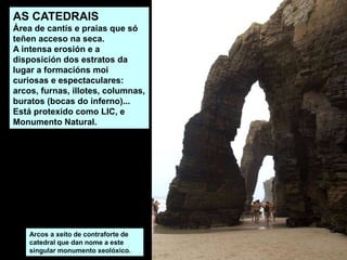AS CATEDRAIS
Área de cantís e praias que só
teñen acceso na seca.
A intensa erosión e a
disposición dos estratos da
lugar a formacións moi
curiosas e espectaculares:
arcos, furnas, illotes, columnas,
buratos (bocas do inferno)...
Está protexido como LIC, e
Monumento Natural.
Arcos a xeito de contraforte de
catedral que dan nome a este
singular monumento xeolóxico.
 