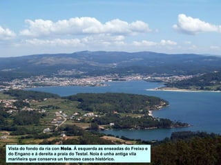 Vista do fondo da ría con Noia. Á esquerda as enseadas do Freixo e
do Engano e á dereita a praia do Testal. Noia é unha antiga vila
mariñeira que conserva un fermoso casco histórico.
 
