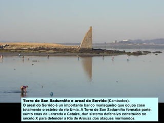 Torre de San Sadurniño e areal do Serrido (Cambados).
O areal do Serrido é un importante banco marisqueiro que ocupa case
totalmente o esteiro do río Umia. A Torre de San Sadurniño formaba parte,
xunto coas da Lanzada e Catoira, dun sistema defensivo construído no
século X para defender a Ría de Arousa dos ataques normandos.
 