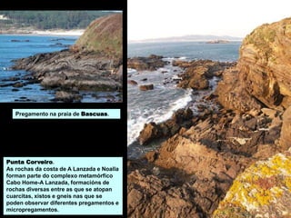 Punta Corveiro.
As rochas da costa de A Lanzada e Noalla
forman parte do complexo metamórfico
Cabo Home-A Lanzada, formacións de
rochas diversas entre as que se atopan
cuarcitas, xistos e gneis nas que se
poden observar diferentes pregamentos e
micropregamentos.
Pregamento na praia de Bascuas.
 
