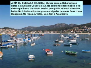 A RÍA OU ENSEADA DE ALDÁN ábrese entre o Cabo Udra ao
norte e a punta de Couso ao sur. No seu fondo desemboca o río
Orxás que forma un amplo esteiro que queda en seco na marea
baixa. No interior atópanse praias abrigadas de areas finas como
Menduíña, Os Picos, Arnelas, San Xián e Area Brava.
 
