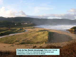 Praia de San Román (Arealonga). Mide case 1 km de
lonxitude e conta cun importante sistema dunar que
obstaculiza a saída ao mar do río Rendo
 
