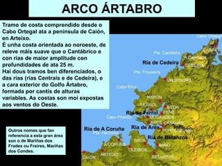 Tramo de costa comprendido desde o
Cabo Ortegal ata a península de Caión,
en Arteixo.
É unha costa orientada ao noroeste, de
releve máis suave que o Cantábrico e
con rías de maior amplitude con
profundidades de ata 25 m.
Hai dous tramos ben diferenciados, o
das rías (rías Centrais e de Cedeira), e
a cara exterior do Golfo Ártabro,
formada por cantís de alturas
variables. As costas son moi expostas
aos ventos do Oeste.
ARCO ÁRTABRO
Outros nomes que fan
referencia a esta gran área
son o de Mariñas dos
Frades ou Freires, Mariñas
dos Condes.
 