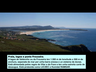 Praia, lagoa e punta Frouxeira.
A lagoa de Valdoviño ou da Frouxeira ten 1.500 m de lonxitude e 500 m de
anchura, separada do mar por unha barra areosa e un sistema de dunas.
Está alimentada polos regos do Vilar e do Foxo e ten unha estreita canle de
desaugue. Está protexida como LIC/ZEC e Humidal RAMSAR.
 