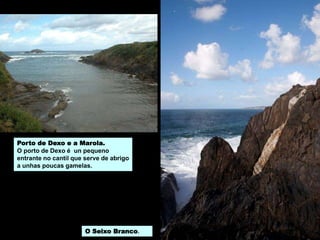 Porto de Dexo e a Marola.
O porto de Dexo é un pequeno
entrante no cantil que serve de abrigo
a unhas poucas gamelas.
O Seixo Branco.
 