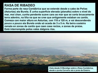 RASA DE RIBADEO
Forma parte da rasa Cantábrica que se extende desde o cabo de Peñas
(Asturias) ata Burela. É unha superficie elevada (planalto) sobre o nivel do
mar, moi chan, cunha pendente suave cara ao mar que se corta bruscamente
terra adentro, na liña na que se cree que antigamente estaban os cantís.
Comeza con maior altura en Asturias, con 110 a 120 m, e vai descendendo
pouco a pouco ata Burela onde só acada de 3 a 5 m. Na beira costeira
remata en zonas de cantís que caen case rectos, e zonas de praias.
Está interrompida polos vales dalgúns ríos.
Vista desde O Mondigo sobre a Rasa Cantábrica,
desde a punta Corveira ata a praia de Esteiro.
 