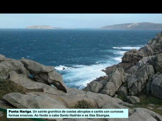 Punta Nariga. Un saínte granítico de costas abruptas e cantís con curiosas
formas erosivas. Ao fondo o cabo Santo Hadrián e as illas Sisargas.
 