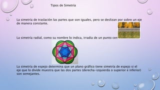 Tipos de Simetría 
La simetría de traslación las partes que son iguales, pero se deslizan por sobre un eje 
de manera constante. 
La simetría radial, como su nombre lo indica, irradia de un punto central. 
La simetría de espejo determina que un plano gráfico tiene simetría de espejo si el 
eje que lo divide muestra que las dos partes (derecha-izquierda o superior e inferior) 
son semejantes. 
 