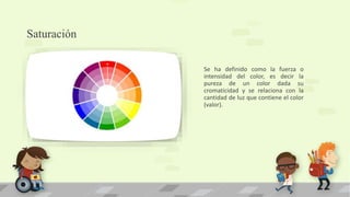 Saturación 
Se ha definido como la fuerza o 
intensidad del color, es decir la 
pureza de un color dada su 
cromaticidad y se relaciona con la 
cantidad de luz que contiene el color 
(valor). 
 